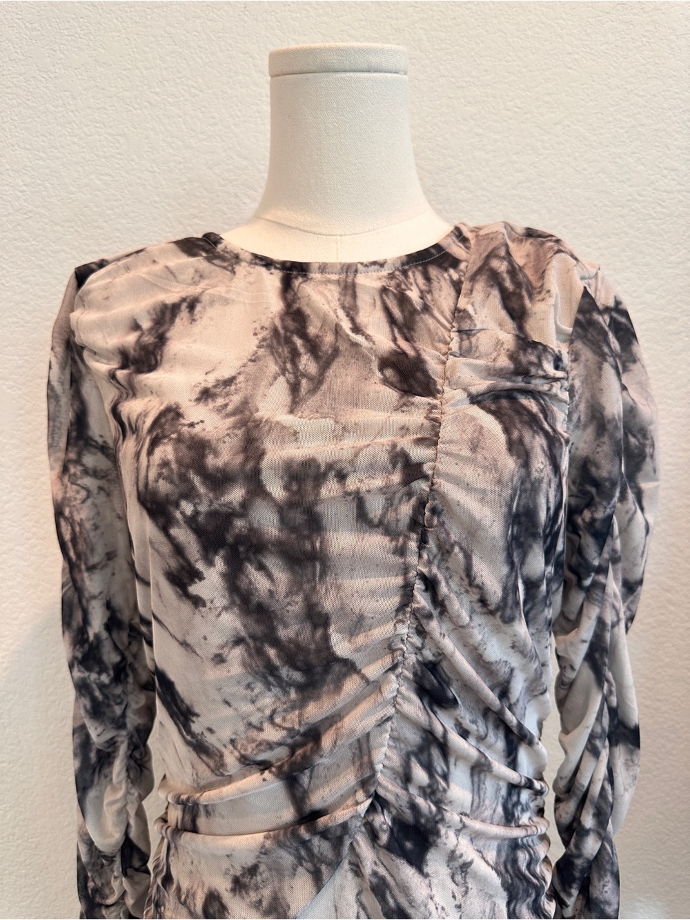 Walter Baker Ruched Marble Print Midi Dress Puff Sleeve Open Back Size M